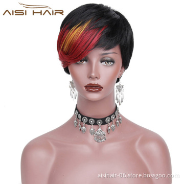 Aisi Hair Heat Resistant Pixie Cut Wigs Synthetic Short Straight Hair With Ombre Red Bangs Wigs For Women